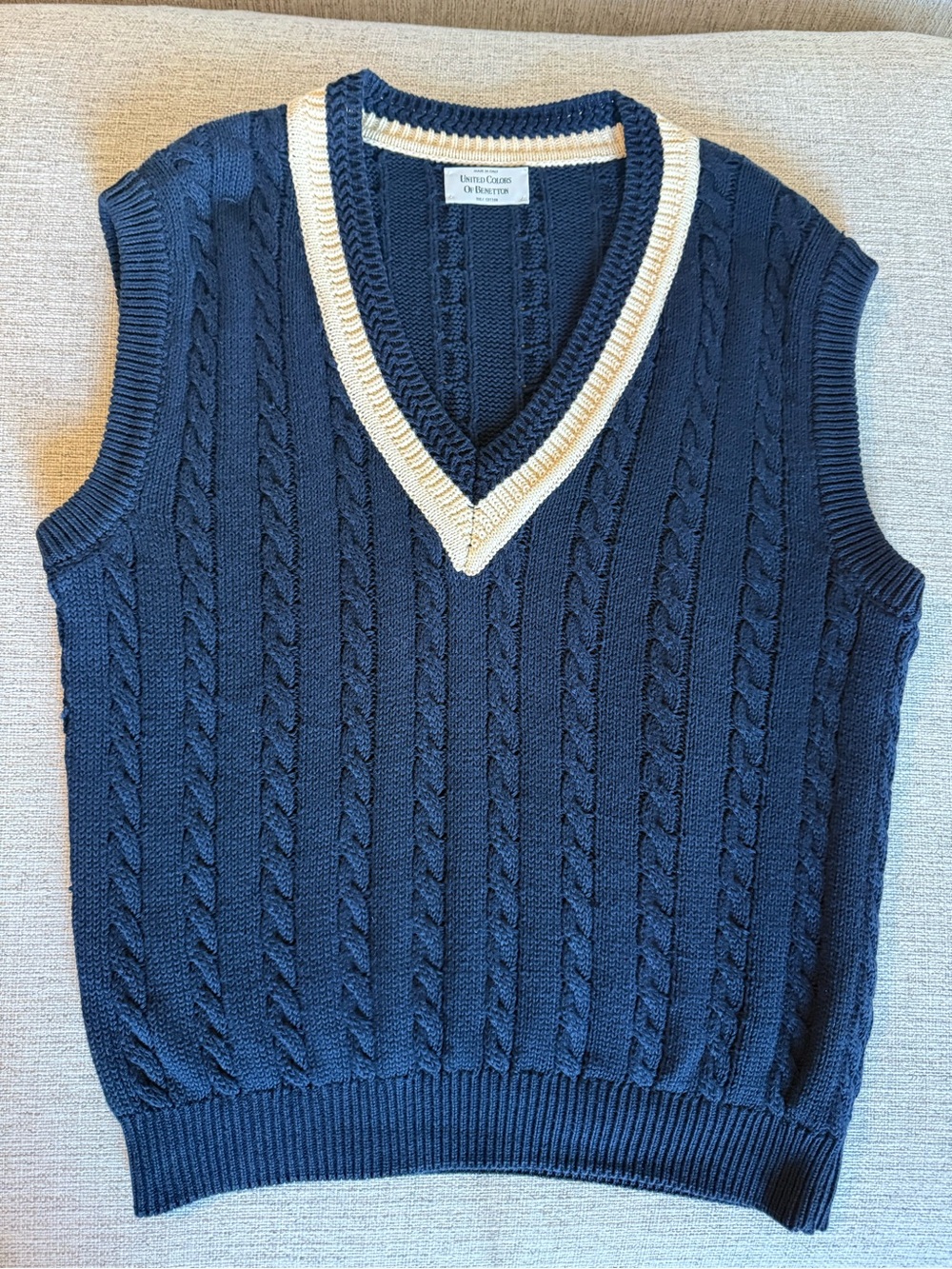 Vintage Benetton Made in Italy Cable Knit Sweater Vest Navy 100% Cotton